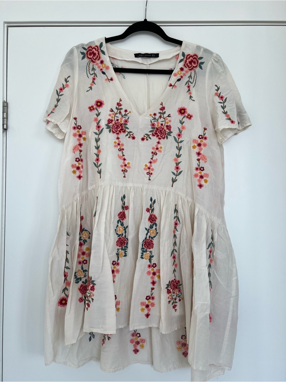 Zara Embroidered Floral Tiered V-Neck Mini Dress - Cream & Multi Colored Flowers